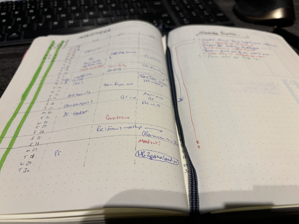 Ben's notebook showing his notes and appointments for November